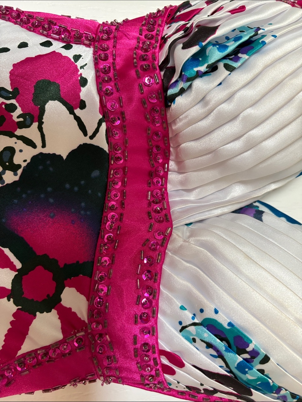 Morgan & Co. White Maxi Dress with Fuchsia, Teal & Navy Print - Size 1-2 - Picture 7 of 8
